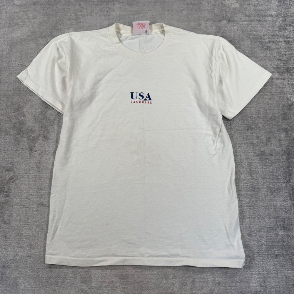 USA Lacrosse Shirt Men Small White Vintage USA Flag Heavy Cotton Single Stitch